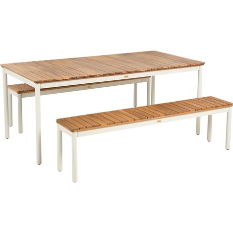 Garden Table with 2 Benches Brown Acacia Wood Steel Frame Plywood Modern CORRICELLA (1/5)