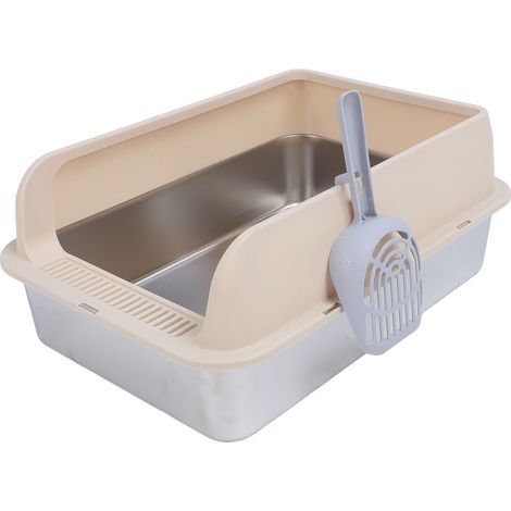 Bac à litière en acier inoxydable robuste et facile à nettoyer, anti-éclaboussures, avec pelle intégrée, beige, grand format (50 x 35 x 25 cm / 19,7 x 13,8 x 9,8 pouces) (1/5)