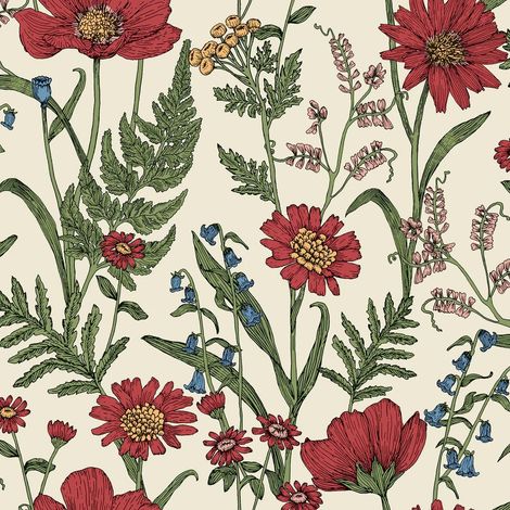 Fine Decor Wild Meadow Cream Red Wallpaper Floral Flowers Leaves Paste The Wall (1/4)