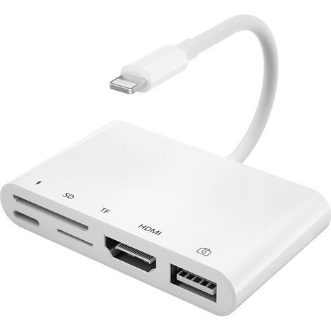 Adaptateur Lighting HDMI, Port d'alimentation USB AV Numérique HDMI 1080P 5-en-1 et Connexion pour Lecteur de Carte SD/TF Caméra USB avec écran de Synchronisation HDMI, Compatible pour Phone/Pad/TV (1/5)
