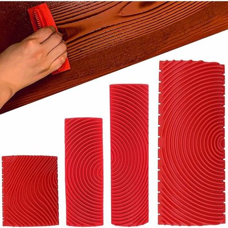 Lot de 4 Grain Bois Caoutchouc Imitation Grain Bois Outil Bois Grainage Caoutchouc Imitation Bois Grain Peinture Outils De Texture Pour Mur De Maison, Outils De Peinture à Grain De Bois En C (1/5)