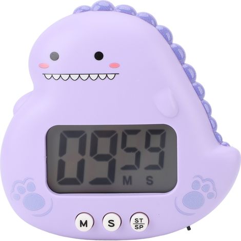 Minuteur dinosaure mignon pour enfants, grand écran LCD, alarme sonore, minuterie de cuisine magnétique avec compte à rebours, pour la classe, la maison, l'étude, la cuisine, violet (1/4)