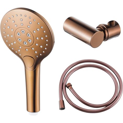 FugaFlow Eccelente Ensemble de douchette à main - Ø12 - rond - 3 types de jets - avec support - avec flexible lisse - 150cm - cuivre brossé PVD