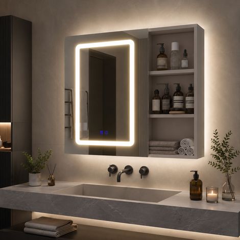 Armario de baño con espejo LED 60x60x15 cm, mueble de baño suspendido con función antivaho, estantes regulables e iluminación LED de 3 colores, blanco (1/5)