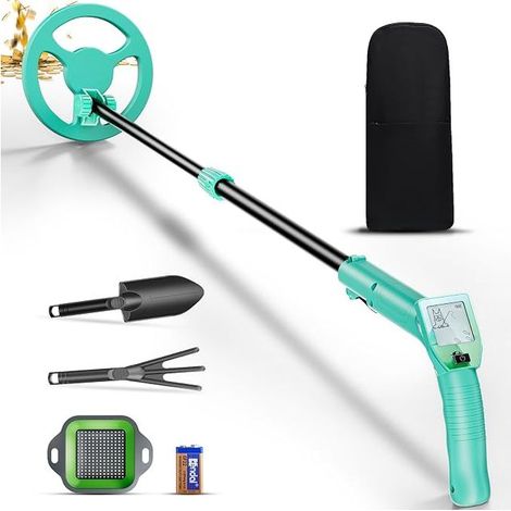 Metalldetektor, Metalldetektor mit Suchstab, LCD-Bildschirm und wasserdichter Suchscheibe, Metalldetektoren mit Schaufel, Rechen und Siebbeutel (Grün) (1/5)