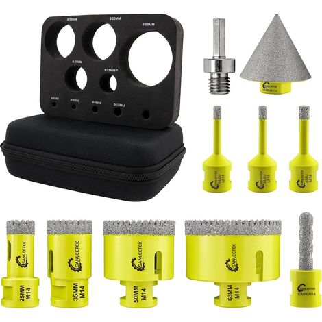 Foret Diamant Kit Trepan Carrelage 10pcs(6/6/8/25/35/50/68mm+10mmForets à Fraiser+50mm Mèches Chanfrein+Adaptateur) Dentelé pour Carrelage Céramique Porcelaine Marbre Granit M14 Filetage (1/5)