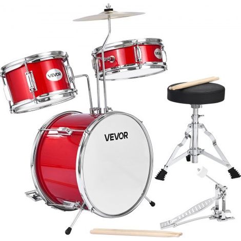 Schlagzeug Set, 3-teilig, Drum Kit mit 35,6 cm Bassdrum, 25,4 cm Snare-Drum und 20,3 cm Tom-Toms, Musik-Lern-Schlagzeug-Instrumenten-Set, Ideal für Kinder von 6 bis 13 Jahren (rot) (1/5)