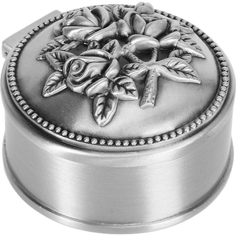Coffret à bijoux vintage en métal ciselé motif rose, boîte ronde avec intérieur velours doux pour bagues, boucles d'oreilles et colliers (1/5)