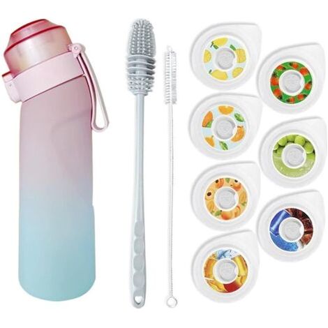 Gourde de sport universelle avec 7 jeux de capsules aromatiques, goupillon et dosettes parfumées. Sans sucre, sans BPA, idéale pour la salle de sport, le bureau et la course à pied. Dégradé de rose. (1/5)