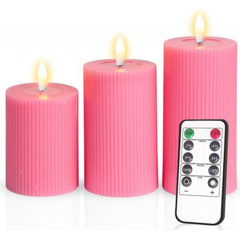 – Set mit 3 rosafarbenen, gerippten LED-Säulenkerzen – Säulenkerzen aus echtem Wachs – LED-Kerzen – Höhe: 10/12,5/15 cm – Inklusive Fernbedienung – Timer (2/4/6/8 Stunden) – Einstellbare Helligkeit (1/5)