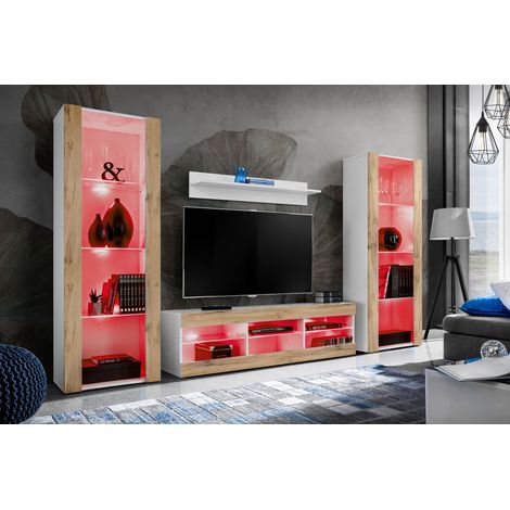 Komodee Ensemble de Meubles Tivoli Grande, Blanc/Wotan, Largeur 250cm x Hauteur 159cm x Profondeur 35cm, LED RGB, 3 étagères, pour Salon, Chambre, Entrée