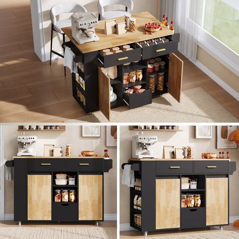 Isla de cocina móvil con encimera plegable, carrito de servicio y unidad de almacenamiento con especiero de 3 niveles, 3 cajones grandes y ruedas con freno, 120 × 45(71) × 90 cm (1/5)