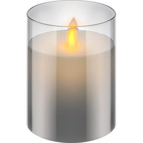 Bougie LED en Cire Véritable dans un Verre, 7,5 x 10 cm, Gris-Transparent, avec fonction de minuterie et mèche pendulaire, fonctionne sur piles, blanc chaud (2700 K). (1/5)