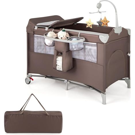 COSTWAY Cuna de Viaje para Bebé Cambiador,Cama de 2 Niveles con Juguetes Colgando,Caja de Música, Colchón y Bolsa de Transporte (Marrón) (1/5)