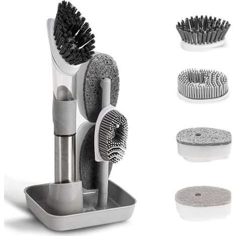 Brosse de Nettoyage pour Vaisselle, Distributeur de Savon avec 4 têtes de Rechange et Support de Rangement, Brosse à récurer de Cuisine pour Nettoyage de Vaisselle, poêle, évier (Gris) (1/5)