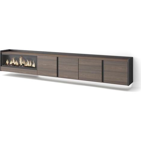 Skraut Home - Mobile TV Soggiorno, Ampio spazio a disposizione, 315x35x50cm, Per TV fino a 80", Camino elettrico XXL, Sospeso, da appendere, LED, Stile moderno, Rovere scuro e Nero (1/5)