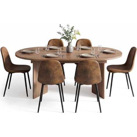 FurnitureR 7-Piece Dining Set, 160-200CM Dark Wood Extendable Oval Table & 6 Brown Suede Chairs (1/5)