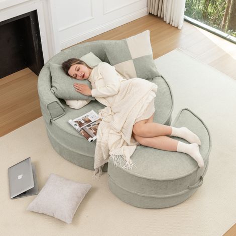 Canapé Rond avec Pouf et 5 Coussins Inclus - Dossier Rembourré, Design Moderne pour Salon et Chambre - Vert clair (1/5)