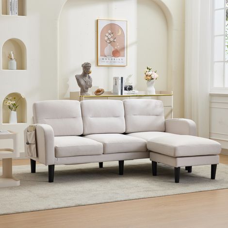 DESMIU Canapé D'Angle 3 Places avec Méridienne et Poches latérales en Tissu Beige 204 × 136 × 80 cm (1/5)