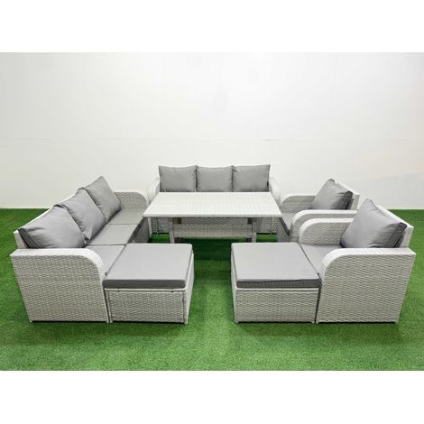 Fimous PE Rattan High Back Lounge Sofa Set Patio Rectangular Dining Table & Chairs Set with 3 Seater Sofa Reclining Chair 2 Big Footstool Light Grey (1/4)