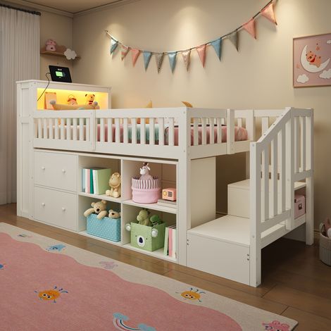 Cama de altura media, 90 x 200 cm, con cajones, compartimentos de almacenamiento, armario con escalera, iluminación LED, colchón no incluido, color blanco. (1/5)