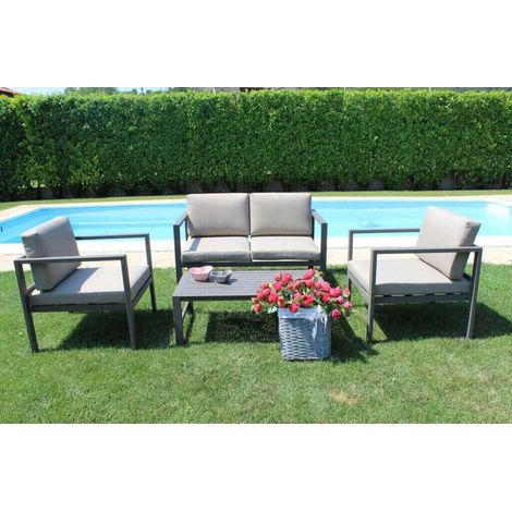 Salotto 4 posti in alluminio per esterno divano poltrone e tavolino con cuscini Eracle -  DarkGrey (1/4)