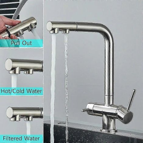 Rubinetto da cucina per acqua pura, doccetta estraibile, rotazione a 360°, rubinetto con filtro, miscelatore acqua calda/fredda, doppia maniglia: la scelta ideale. (1/4)