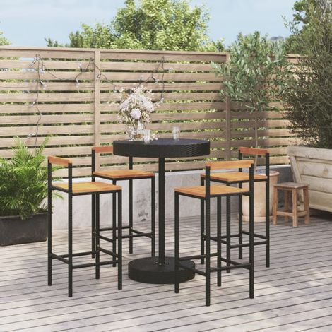 Set 1 Table de bar + 4 chaises de bar/Tabourets,Ensemble de bar jardin noir poly rotin/bois massif acacia -BV12968 (1/5)