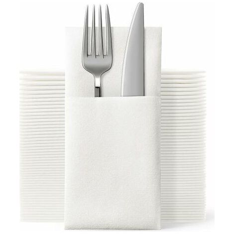 Lot de 50 serviettes de table jetables en tissu, avec poche à couverts intégrée, aspect lin blanc, pour mariages et fêtes, pré-pliées pour les couverts. (1/5)
