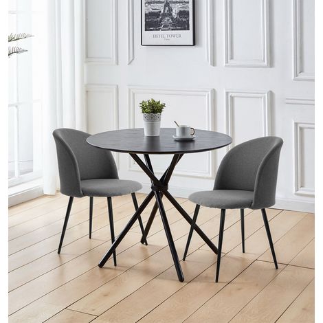 Hallowood Furniture Cullompton Small Black Dining Table and Chairs Set 4, Round Kitchen Table and Chairs Set 4 in Curved-back Light Grey Fabric Upholstery, Dining Room Sets for Home and Cafe (1/5)