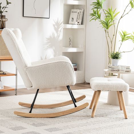 Mecedora con reposapiés y respaldo acolchados fabricada en tejido de terciopelo sintético adecuada para salón color blanco (1/5)