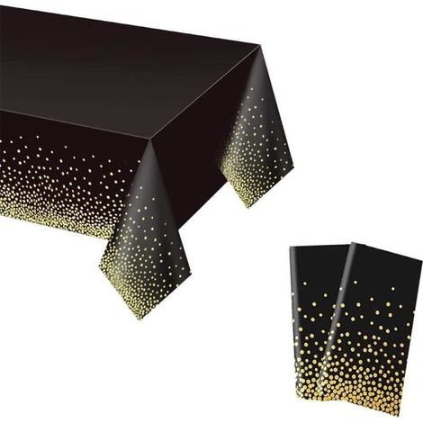 2 Pièces Nappe à Pois Imperméable Plastique, 137x274 cm Nappe Noir avec Dorés à Pois, Les Mariage Anniversaire Remise de Diplôme (1/4)