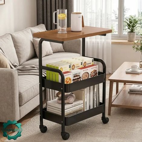 Manuzen - Chariot de rangement 3 niveaux avec plateau en bois (1/3)