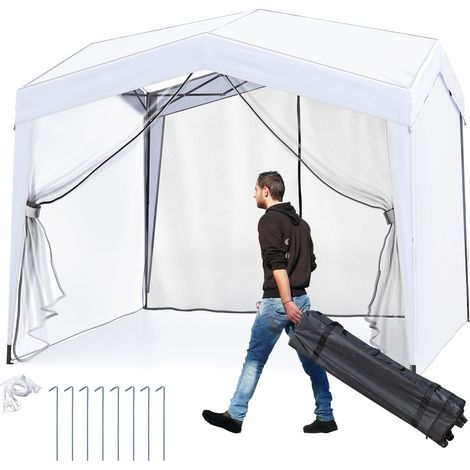 Gazebo da giardino pieghevole pop-up 3x3m con 4 pareti laterali, tenda per feste con rete a maglie, borsa con ruote, 8 picchetti, 4 corde antivento, bianco (1/5)