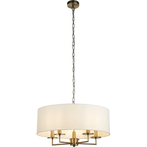 Suspension KNIGHTSBRIDGE 5L laiton antique avec abat-jour en lin blanc E14 5x60w diamètre 55cm hauteur 120cm (1/3)