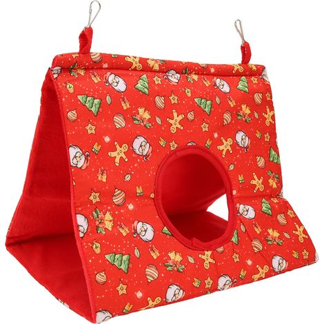 Lit suspendu pour perroquet, nid triangulaire épais et moelleux pour se reposer, se cacher, jouer et dormir, taille M, rouge, Noël (1/5)