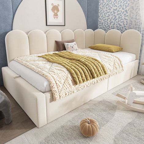 Lit banquette avec rangement 90x190 cm - tissu en velours - mmier à lattes - Beige