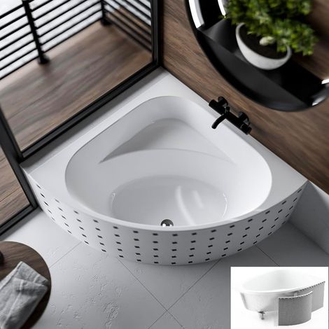 ECOLAM Baignoire d'angle Dina 140x140 cm + support de baignoire en polystyrène à carreler  pieds siphon + silicone (1/5)