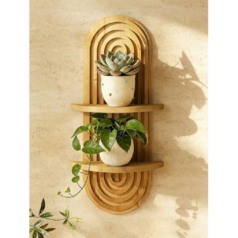 Étagère murale flottante - Étagère murale pour plantes - Support mural bohème en bois avec 2 attaches - Étagère murale flottante pour pots de fleurs et décoration intérieure - Couleur bois naturel (1/5)