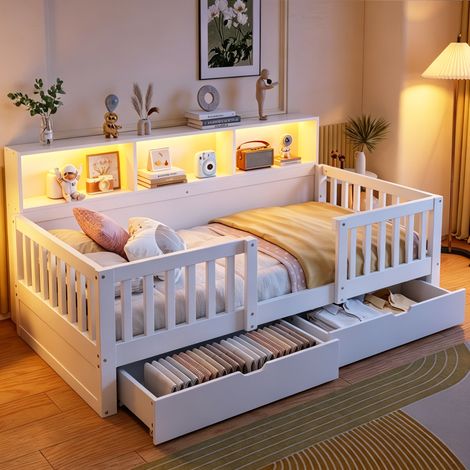 Kinderbett 90x200 cm mit Rausfallschutz und Schubladen - Modernes Funktionsbett mit LED-Beleuchtung, Regal und Stauraum, Holz Weiß (1/5)