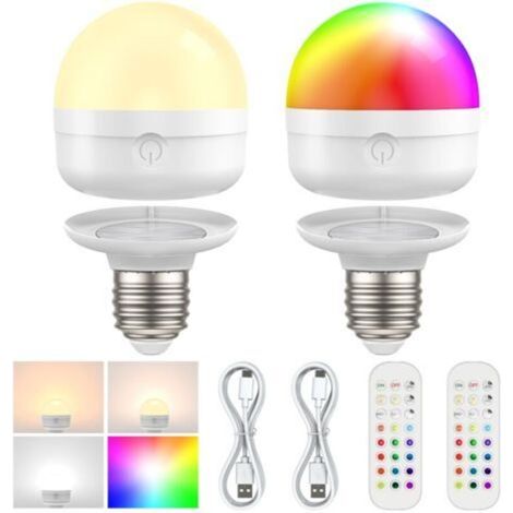 Lot de 2 ampoules LED rechargeables avec télécommande, E27 à intensité variable, couleurs RVB avec batterie, 6 W Touch Control, batterie avec fonction de minuterie, lumière d'urgence avec aimant E27 (