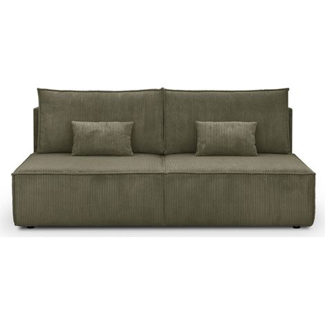 Homifab – Canapé convertible 3 places avec coffre de rangement – Velours côtelé vert kaki – Assise renforcée avec ressorts – Dimensions couchage 142x188 cm (1/5)