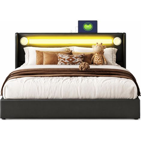Lit coffre 160x200 en cuir régénéré, avec LED, Bluetooth, 2 ports USB, grand rangement hydraulique et sommier à lattes, noir, pour chambre moderne – CHICFURN (1/5)
