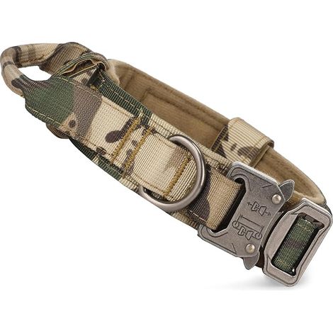 BEBUSINGOTO Collar táctico para perro con asa de control, ajustable, de nailon militar, con hebilla de metal, acolchado para perros medianos, para entrenamiento de caza y actividades al aire libre (Ca (1/5)