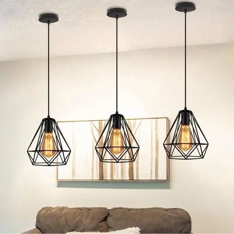 Lot de 3 Lampe Luminaire Industrielle en Métal Noir Lustre Suspension Vintage Style Ediso pour Salon Chambre (1/4)