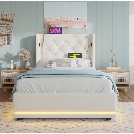 Bett 90x200 cm modern gepolstert in Weiß PU, Stauraumbett mit Hydraulik, Kopfteil mit USB und Typ-C, 3-seitige LED, mit Matratze (1/5)