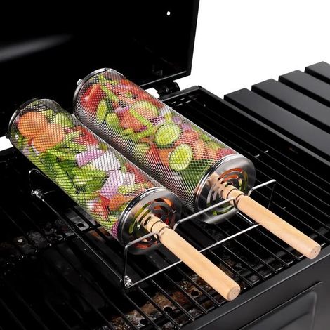 Panier à griller à roulettes - Le meilleur panier à griller qui soit, support rond en acier inoxydable - Grand support avec poignée en bois et housse en maille losange. (1/2)