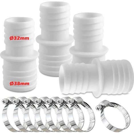 Lot de 4 raccords pour Tuyau Piscine, Raccord de Tuyau avec Colliers de Serrage, Ø 32 mm vers 38 mm de diamètre avec 8 colliers de serrage, Adaptateur de Tuyau de Piscine, Adaptateurs de Tuyau(blanc) (1/5)