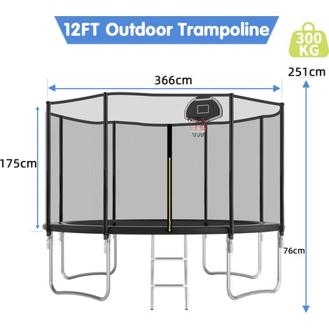 12FT Outdoor Trampoline With Basketball Hoop, Garden Trampoline With Safety Net & Ladder, Available For Toddlers And Adults, Up to 150kg