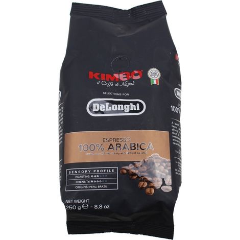 Delonghi – Café en grains 100% arabica Kimbo – Torréfaction moyenne – Origines Brésil et Pérou – 250 g